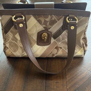 Coach Brown and Beige Signature Patchwork Turnlock Satchel Authentic LIKE NEW